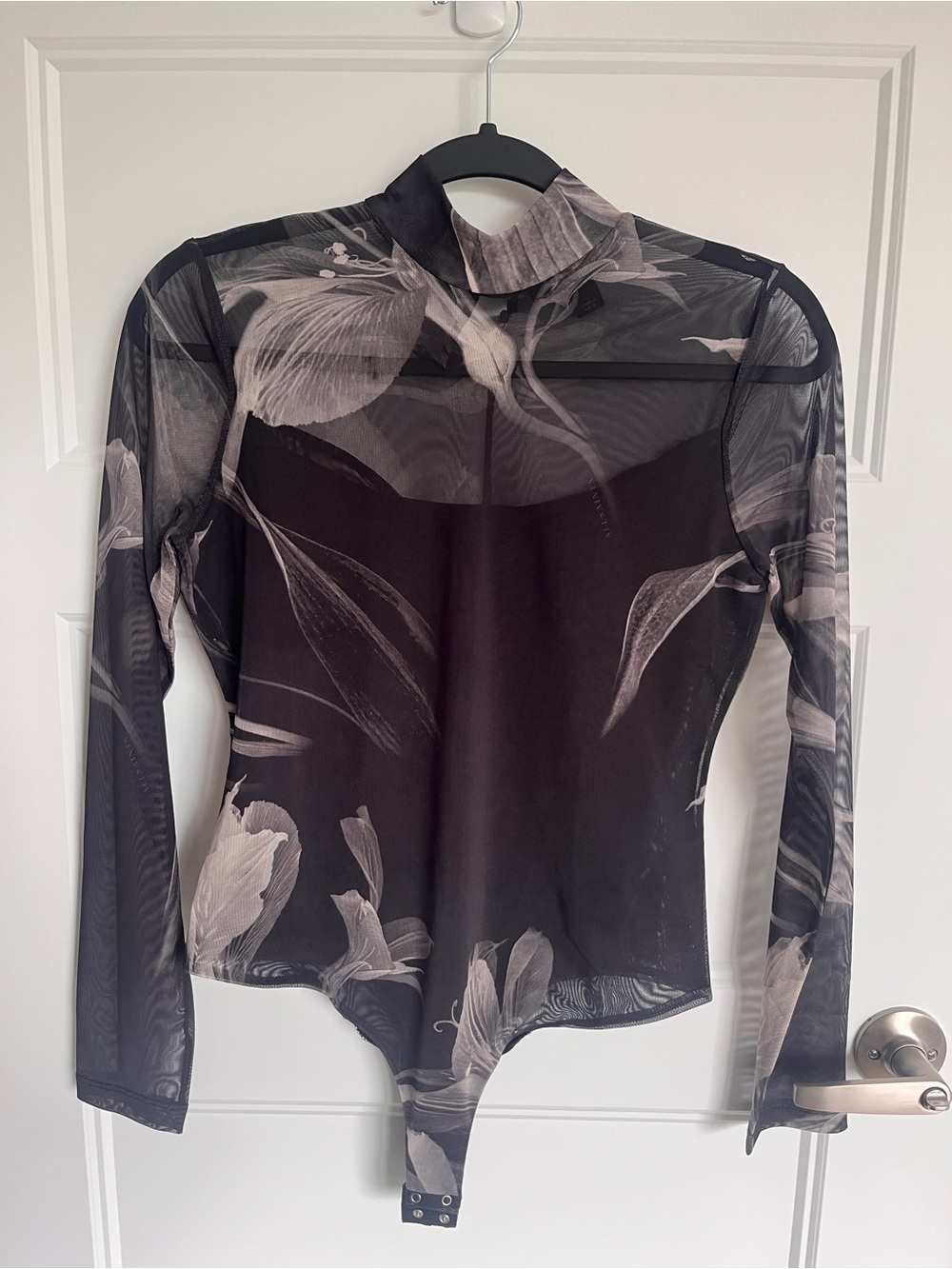 AllSaints Black Sheer Floral Mock-Neck Bodysuit